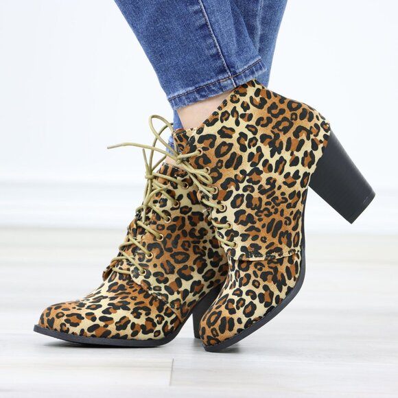 Leopard Lace-Up Block Cone High Heeled Ankle Boots Synthetic Suede Rounded Toe - Picture 7 of 10